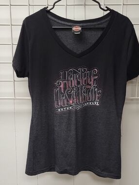 Harley-Davidson , PCB, FL Black V-Neck Script Logo Tee with Pink Accents